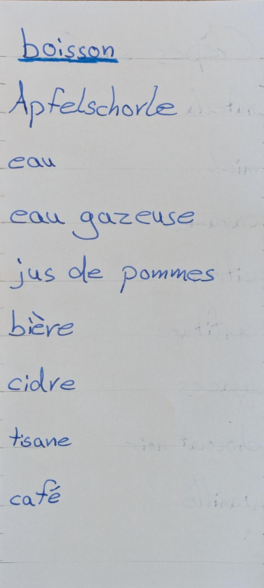 Carte des boissons